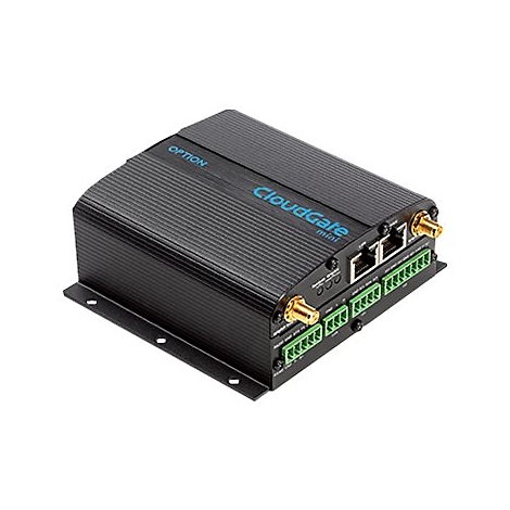 Schwarzer CloudGate mini Router. Mit Antennen, Anschlüssen und der Aufschrift "OPTION" und "CloudGate mini".