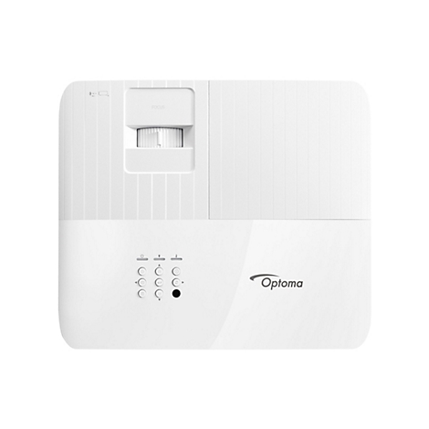 Projecteur blanc. Haut : réglage de la mise au point et fentes d'aération. Bas : commandes et logo Optoma.