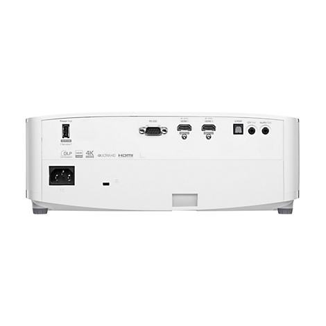 Rückansicht eines weißen Projektors mit Anschlüssen, darunter HDMI, Stromanschluss und Audioausgang.