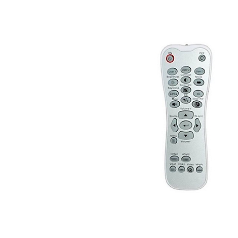 Télécommande argentée avec boutons. Étiquettes : Marche, Arrêt, Luminosité, Volume, HDMI, VGA.