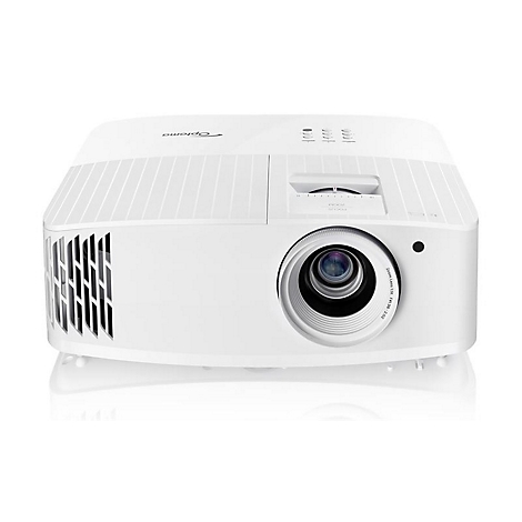 Projecteur blanc, vue de face, objectif focalisé, logo Optoma visible.