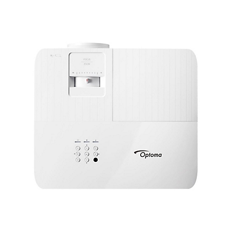 Projecteur blanc Optoma. Moitié supérieure avec molette de réglage, moitié inférieure avec commandes.