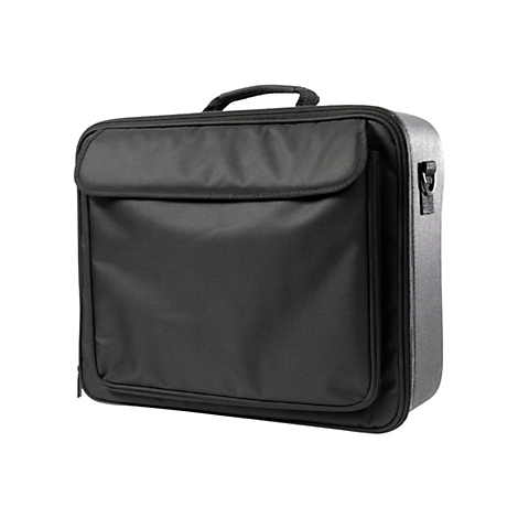 Sacoche d'ordinateur portable noire sur fond blanc. Le sac est doté d'une poignée et d'une poche avant avec rabat.