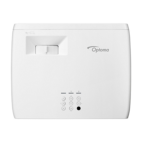 Projecteur Optoma blanc, vue de dessus. L'avant comporte des commandes et un logo. L'objectif est encastré.