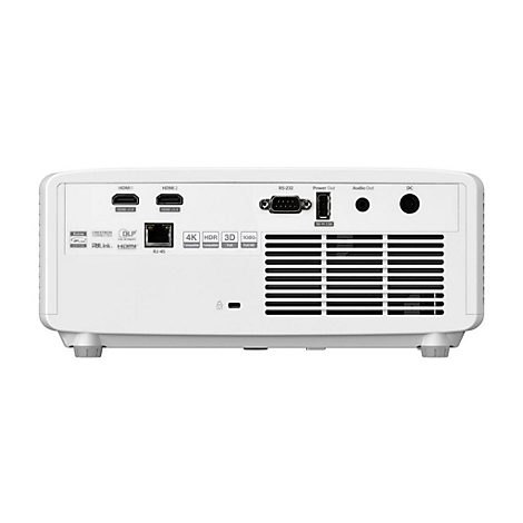 Arrière d'un projecteur blanc avec connexions, dont HDMI, audio, RS-232. Grille de ventilateur à droite, pieds en bas.