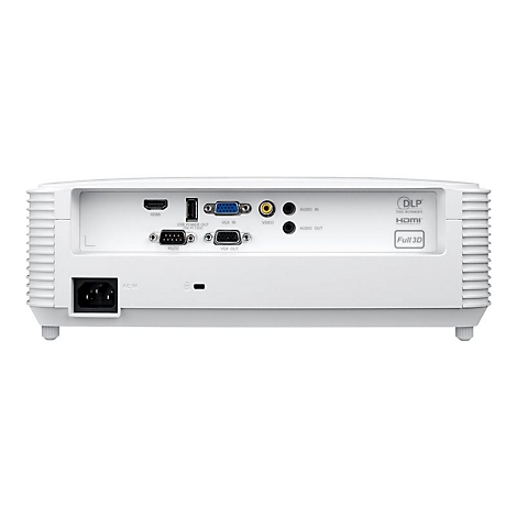 WeiÃŸer Projektor-RÃ¼ckseite mit AnschlÃ¼ssen. HDMI, VGA, Audio und Stromanschluss sind sichtbar.