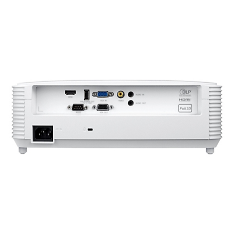 Nahaufnahme eines weißen Projektors mit verschiedenen Anschlüssen und dem HDMI-Logo. Auf der Rückseite sind Anschlüsse für HDMI, VGA, Audio und Stromanschluss zu sehen.