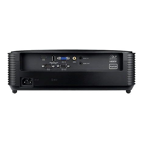 Rückseite eines schwarzen Projektors mit verschiedenen Anschlüssen, darunter HDMI, VGA und Audio. Aufschrift: Full 3D.