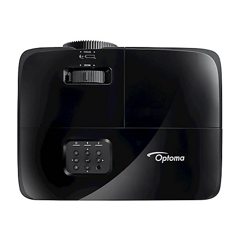 Projecteur noir, molette de mise au point et de zoom, panneau de commande avec boutons. Logo : Optoma.