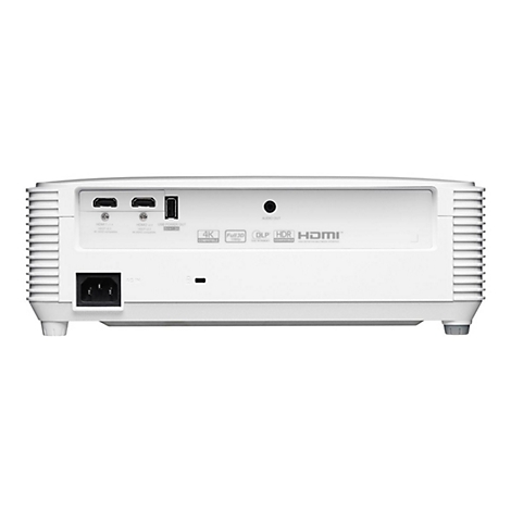 RÃ¼ckansicht eines weiÃŸen Projektors mit AnschlÃ¼ssen und HDMI-Logo.