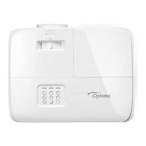 Vue de dessus d'un projecteur Optoma blanc avec commandes et logo.