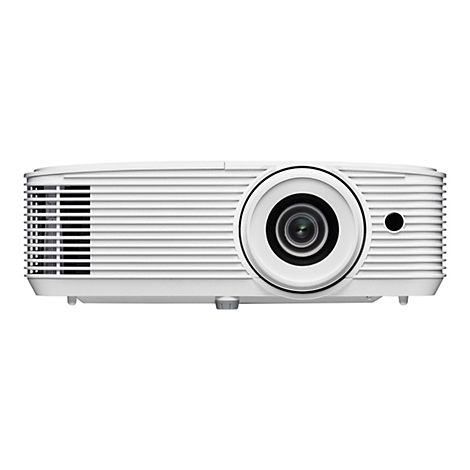 Projecteur blanc avec objectif et fentes d'aération sur fond blanc.