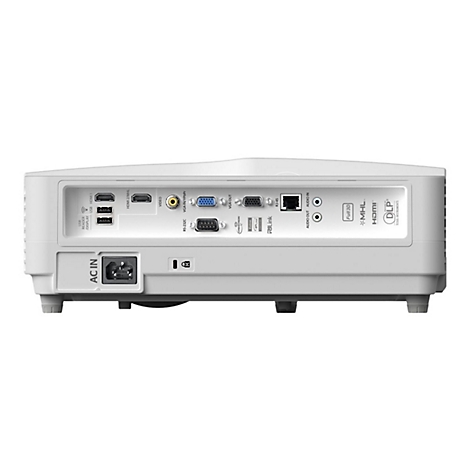 Rückansicht eines weißen Projektors mit Anschlüssen wie HDMI, USB und Audio. Deutlich zu sehen sind die Anschlüsse, u.a. für Strom (AC IN) und LAN (RJ-45).