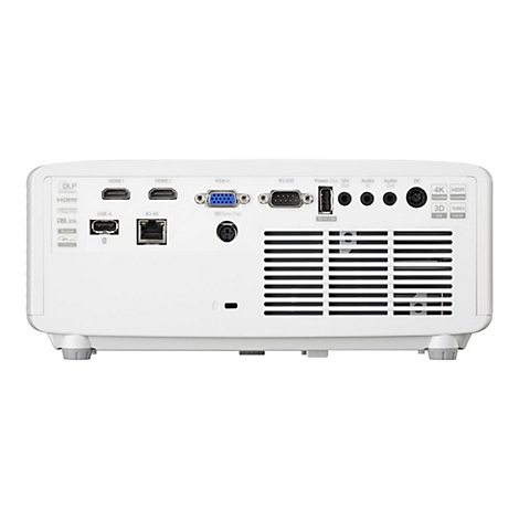 Rückseite eines weißen Projektors mit Anschlüssen für HDMI, USB, VGA und Audio.