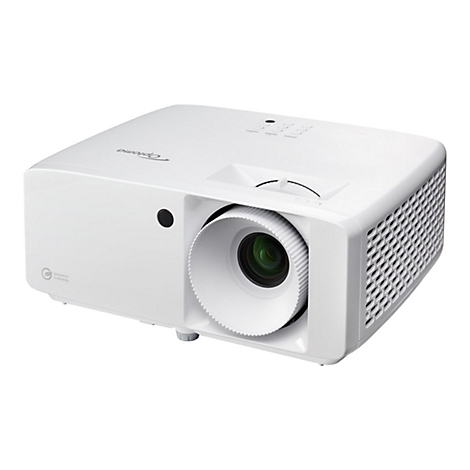 Weißer Projektor, Optoma-Marke, Objektiv im Fokus.
