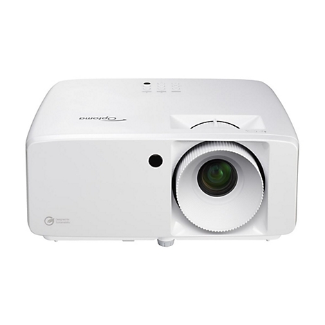 Weißer Optoma-Projektor, Detailansicht der Linse und des Gehäuses.