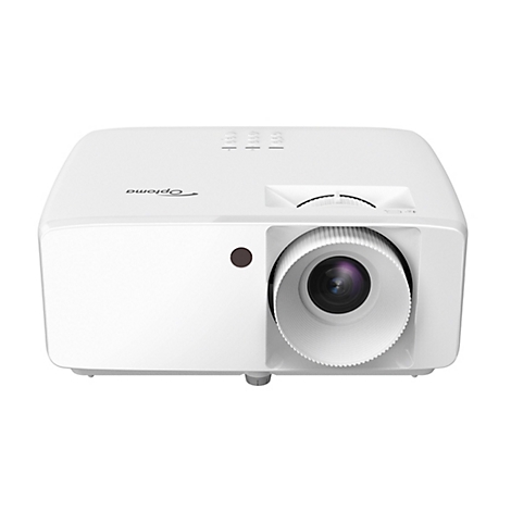 Projecteur Optoma blanc sur fond blanc. Comprend un objectif et des boutons de commande.