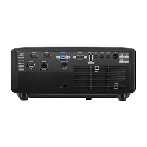 Die schwarze Rückseite eines Projektors mit verschiedenen Anschlüssen wie HDMI, USB, VGA, Audio und Netzwerk.