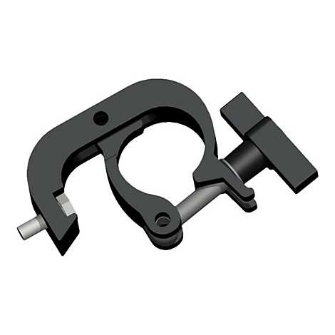 Schwarze Klemme, um ein Objekt zu befestigen. Sie hat einen runden Teil und einen T-förmigen Griff.