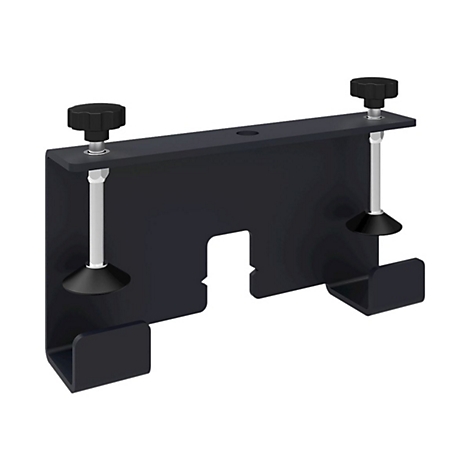 Schwarzer Metall-Halterung mit zwei schwarzen Drehknöpfen und zwei Halteklammern.