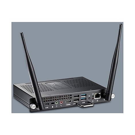 Un mini-PC noir avec deux antennes. USB, HDMI et autres ports sont visibles.