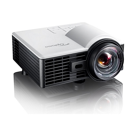 Projecteur blanc et noir avec logo Optoma. L'objectif et quelques boutons sont visibles.