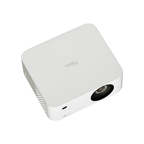 WeiÃŸer Projektor mit Optoma-Logo; Linse und AnschlÃ¼sse sichtbar.