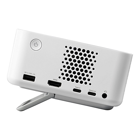Ein weißer, kompakter Projektor mit Anschlüssen (HDMI, USB, USB-C, Audio) auf der Rückseite. Mit einem ausklappbaren Ständer.