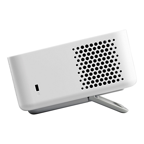 Appareil électronique blanc, avec des trous et un support.