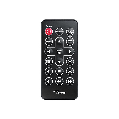 TÃ©lÃ©commande noire avec des boutons tels que alimentation, menu, touches flÃ©chÃ©es. Marque Optoma.