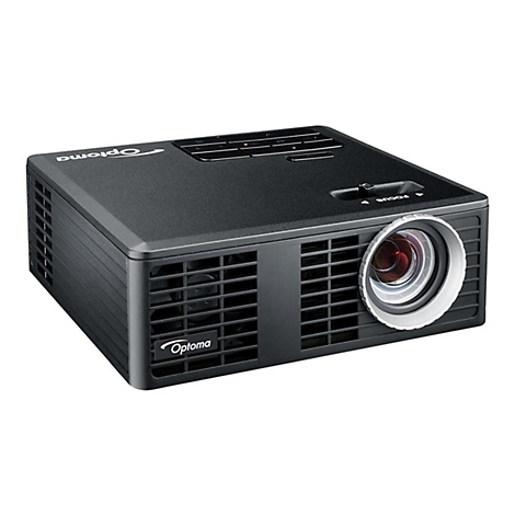 Projecteur Optoma noir, vue latÃ©rale. L'objectif est orientÃ© vers l'avant et est muni d'un anneau argentÃ©.