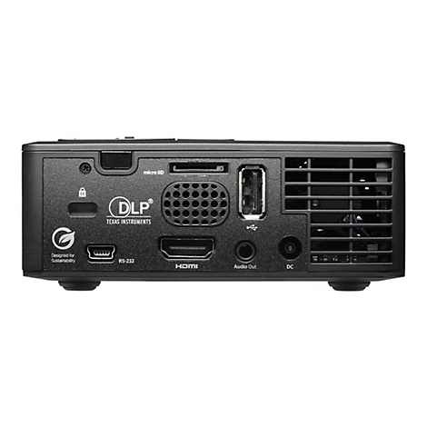Arrière d'un projecteur noir avec ports : HDMI, USB, sortie audio, alimentation, RS-232, fente micro SD. Logo : DLP Texas Instruments.