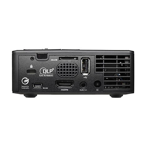 Gros plan d'un projecteur noir, vue arrière. Les étiquettes incluent : micro SD, Texas Instruments, HDMI, RS-232, Audio Out et DC.
