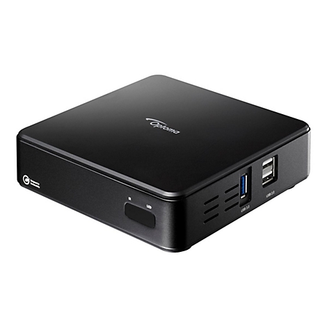 Schwarze Optoma Streaming-Box mit USB-Anschlüssen, IR-Sensor und weißem Logo auf der Oberseite.