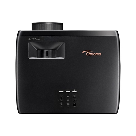 Schwarzer Optoma-Beamer mit seitlichen Bedienelementen und Markenlogo.