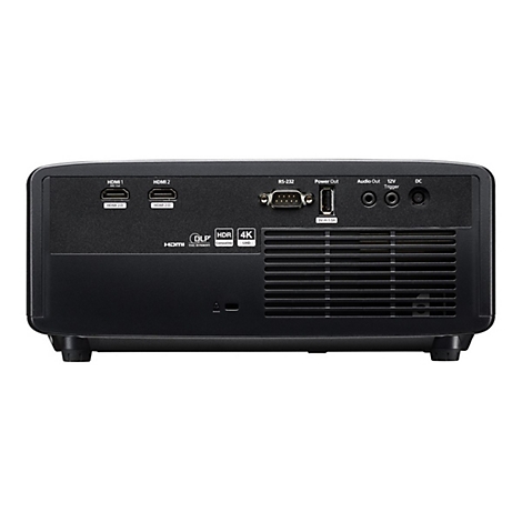 Schwarzer Projektor, Rückseite. Anschlüsse: HDMI, RS-232, Audio, Strom. Text: HDMI 2.0, HDR, 4K, DLP.