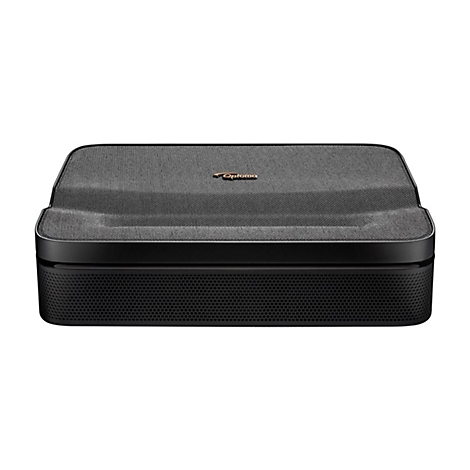 Projecteur noir avec logo Optoma. Surface nervurée. Sur fond blanc.