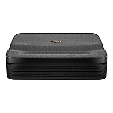 Un projecteur Optoma noir. Textile gris sur le dessus, motif perforé à l'avant. Logo Optoma.