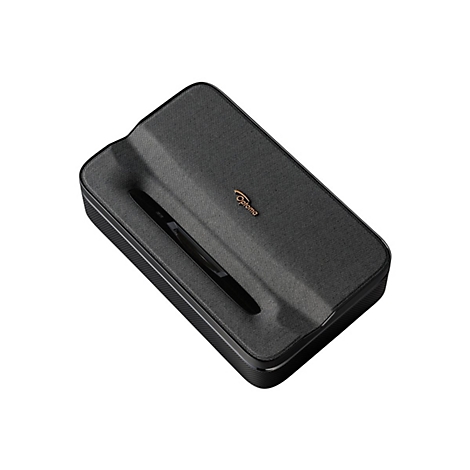 Projecteur Optoma noir. Dessus : grille de haut-parleur, à côté d'une surface lisse. Le mot Optoma est visible.