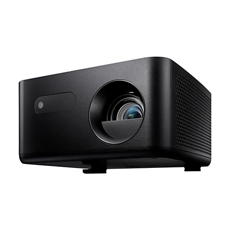 Projecteur noir sur fond blanc. L'objectif est placé au centre de l'appareil.