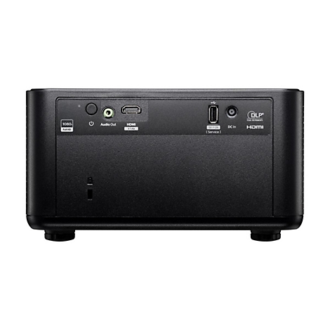 Projecteur noir, vue arrière avec ports audio, HDMI et alimentation. Inscription : 1080p Full HD.