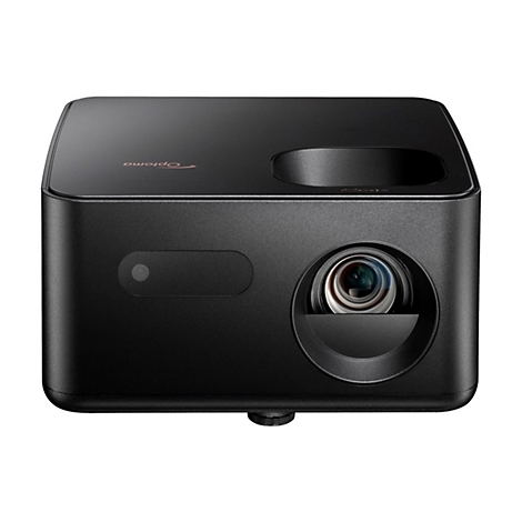 Projecteur Optoma noir, objectif à l'avant, avec le mot "optoma" au-dessus.