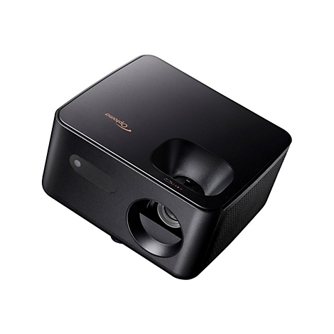 Projecteur Optoma noir, de forme arrondie. Dessus avec logo de l'entreprise. Lentille et commandes visibles.