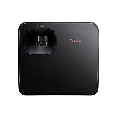 Projecteur noir avec logo Optoma, vue de face. Objectif et commandes reconnaissables.