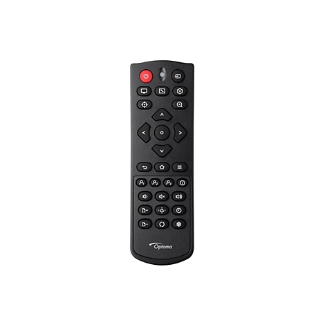 Télécommande Optoma noire, bouton marche/arrêt rouge en haut, nombreux boutons avec symboles.