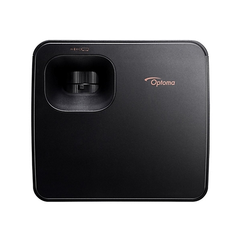 Projecteur Optoma noir, rectangulaire avec des coins arrondis. Le projecteur a une entrée et le logo Optoma.