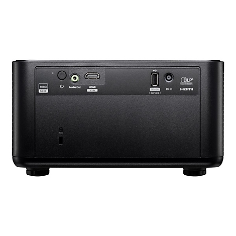 Arrière d'un projecteur noir avec des ports dont HDMI, USB et audio. Étiqueté: 1080p Full HD.