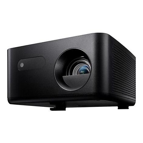 Projecteur noir, vue de face, détails de l'objectif et de la grille d'aération.