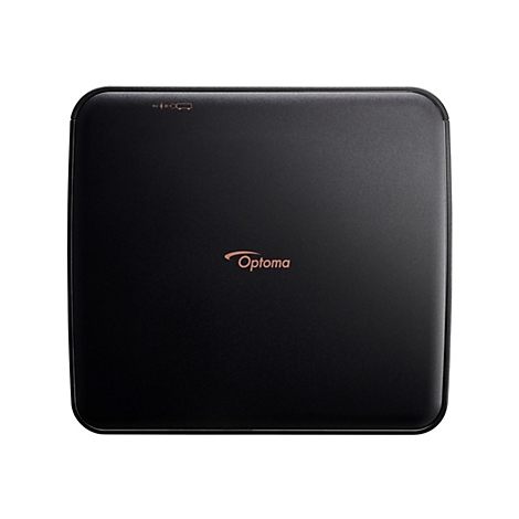 Schwarzer Projektor mit abgerundeten Ecken. Der Schriftzug "Optoma" ist zu sehen.