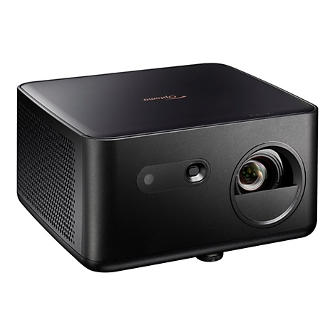 Schwarzer Projektor mit Optoma-Logo. Objektiv, Sensor und Lüftungsschlitze sind sichtbar.